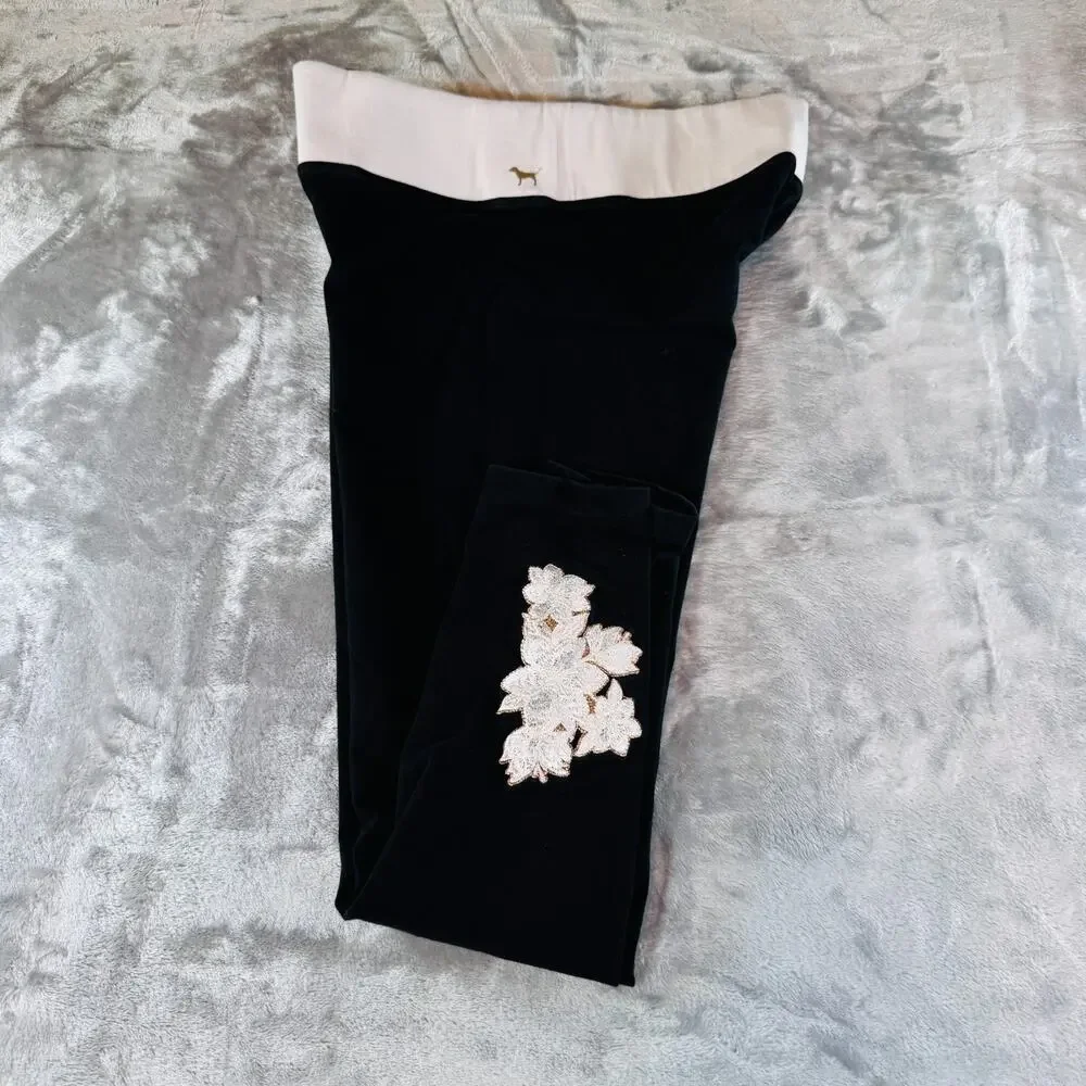 PINK Victoria's Secret Womens Size L Black Sequin Floral Yoga Leggings Foldover